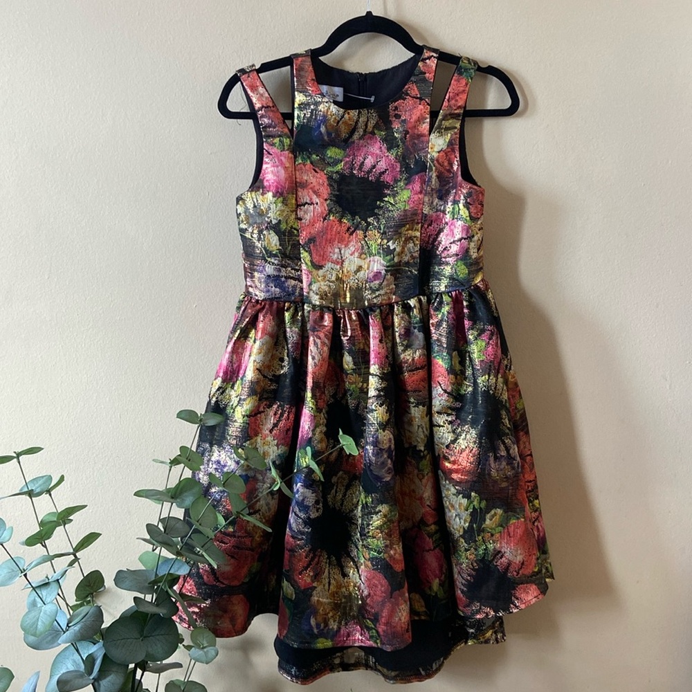 Pippa & Julie Girls 16 Floral Metallic Brocade Hi Low Fit Flare Party Dress